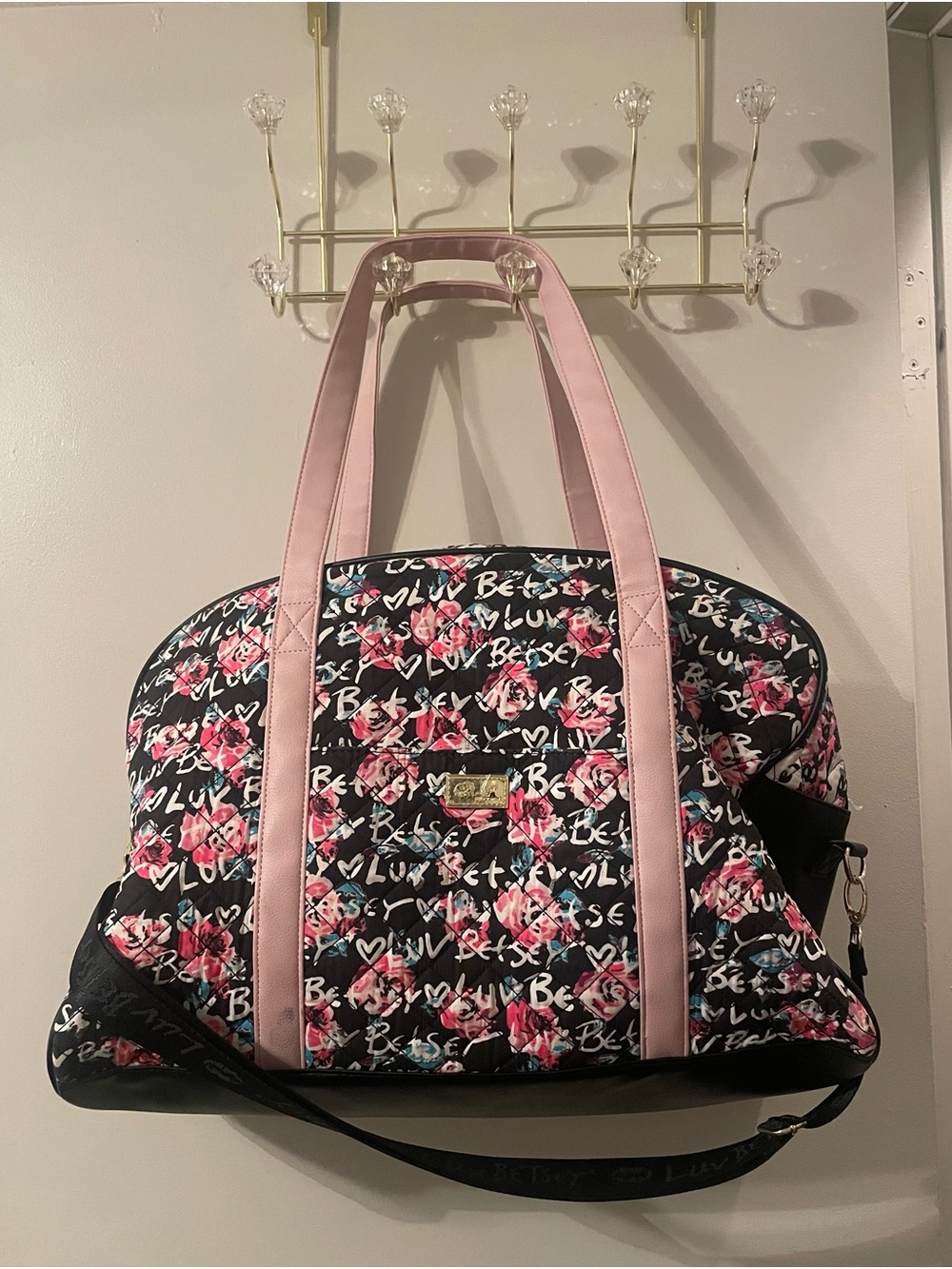 Betsey Johnson Black Floral Weekender Tote with Pink Straps